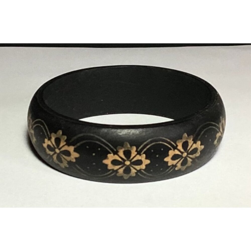 Hard Rubber Bangle Bracelet in Matte Black with Metallic Gold Floral Designs - Picture 6 of 7